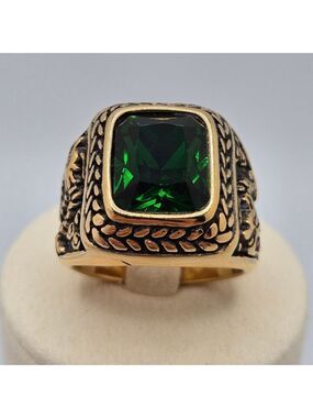Stainless Steel Gold-Tone Dragon Green Stone Men Ring Size 9
